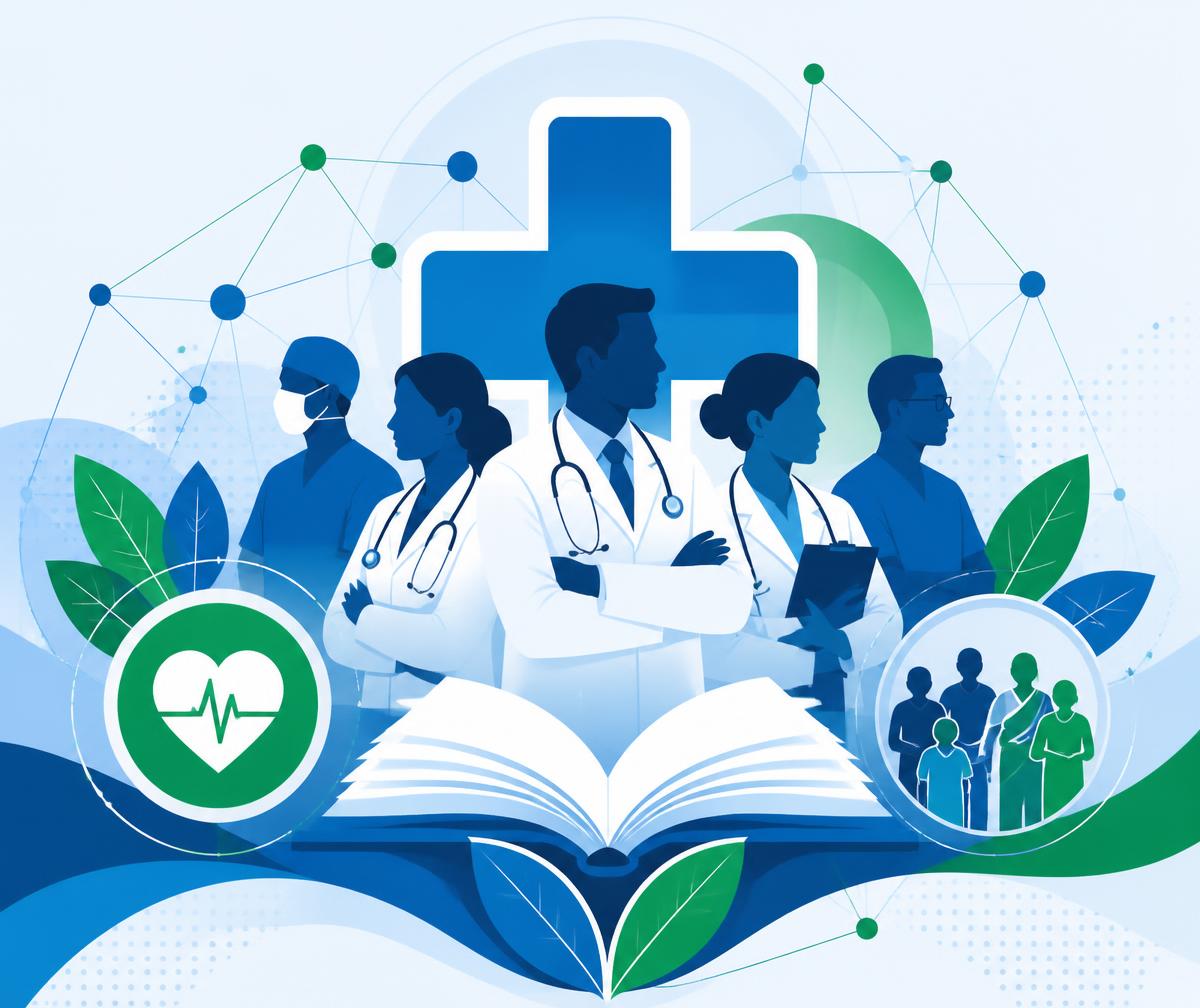 Illustration of doctors, medical knowledge and community healthcare connected together